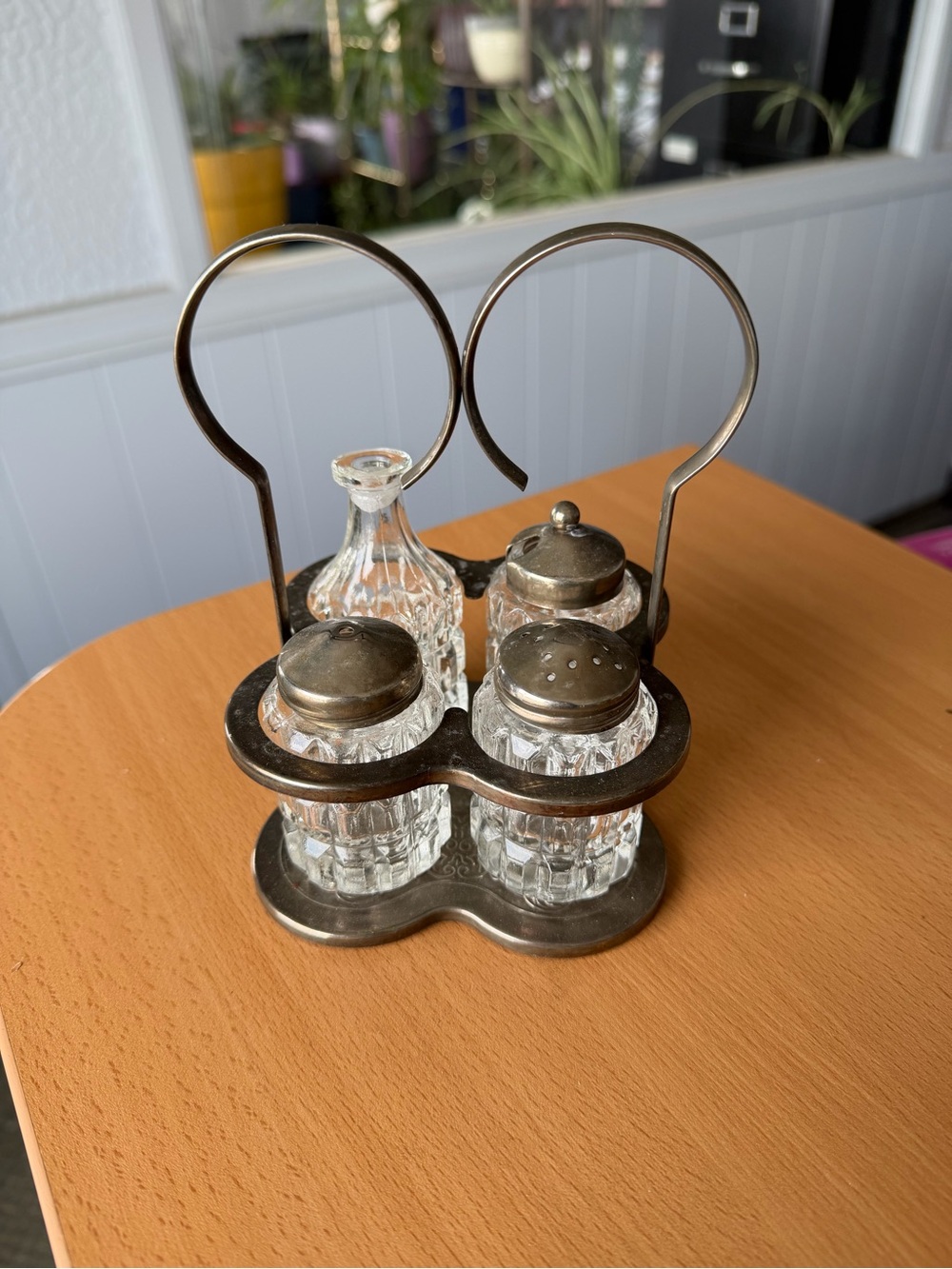 Vintage Glass Cruet Set with Metal Caddy -